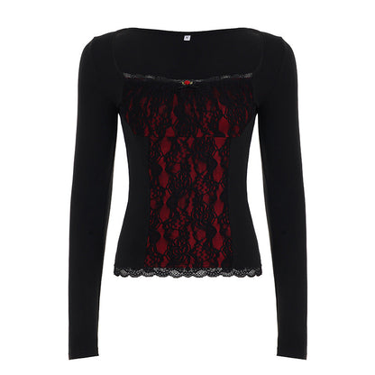 Square neck long sleeve flower applique lace top  | Festival Outfits Women