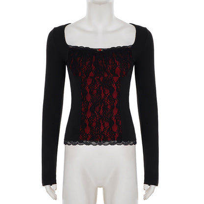 Square neck long sleeve flower applique lace top  | Festival Outfits Women