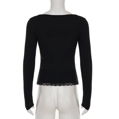 Square neck long sleeve flower applique lace top  | Festival Outfits Women