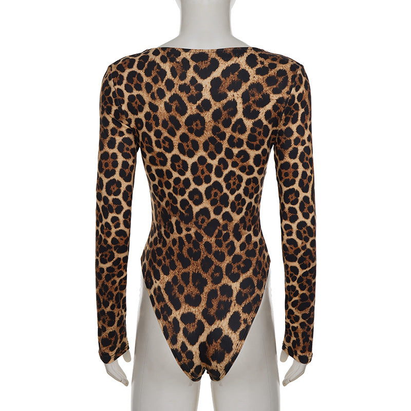 V neck long sleeve leopard print bodysuit  | Festival Outfits Women