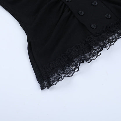 High neck long sleeve hollow out lace hem button cut out top  | Festival Outfits Women