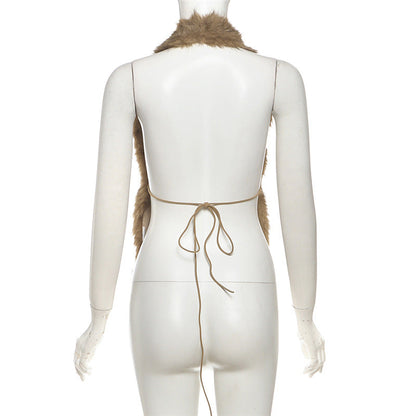 Halter self tie fluffy backless top  | Festival Outfits Women