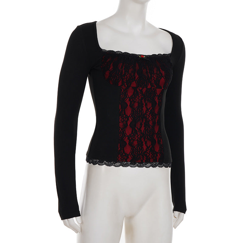 Square neck long sleeve flower applique lace top  | Festival Outfits Women