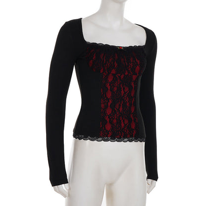 Square neck long sleeve flower applique lace top  | Festival Outfits Women