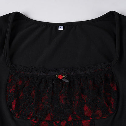 Square neck long sleeve flower applique lace top  | Festival Outfits Women