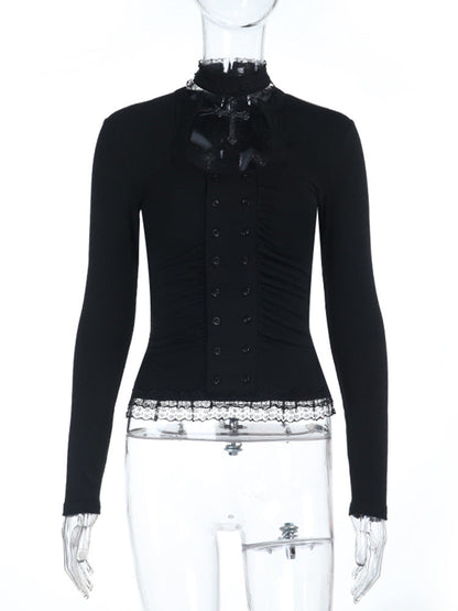 High neck long sleeve hollow out lace hem button cut out top  | Festival Outfits Women