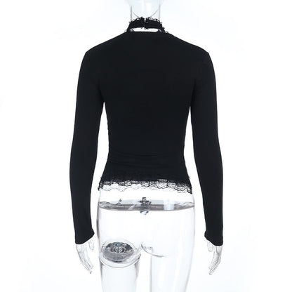 High neck long sleeve hollow out lace hem button cut out top  | Festival Outfits Women