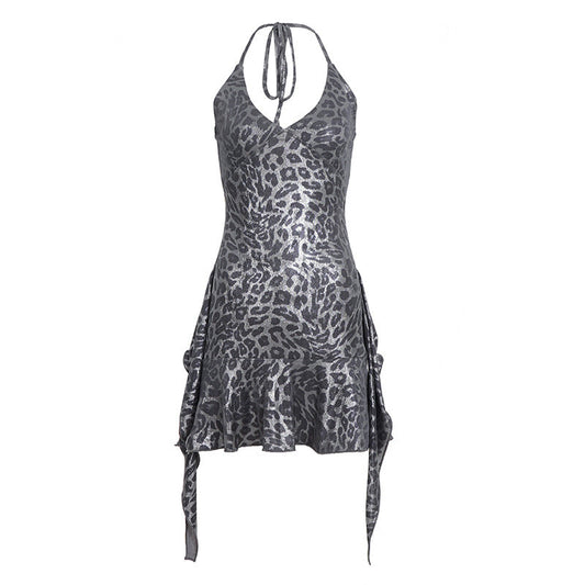 Halter v neck leopard print ruffle mini dress  | Festival Outfits Women  | Leopard Print Mini Dress