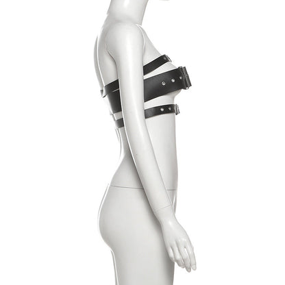 PU leather buckle hollow out crop cut out top  | Festival Outfits Women