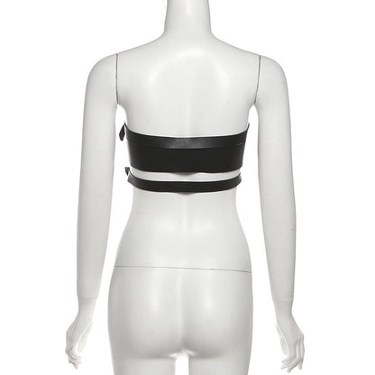 PU leather buckle hollow out crop cut out top  | Festival Outfits Women