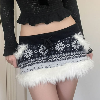 Drawstring fluffy print contrast mini skirt  | Festival Outfits Women