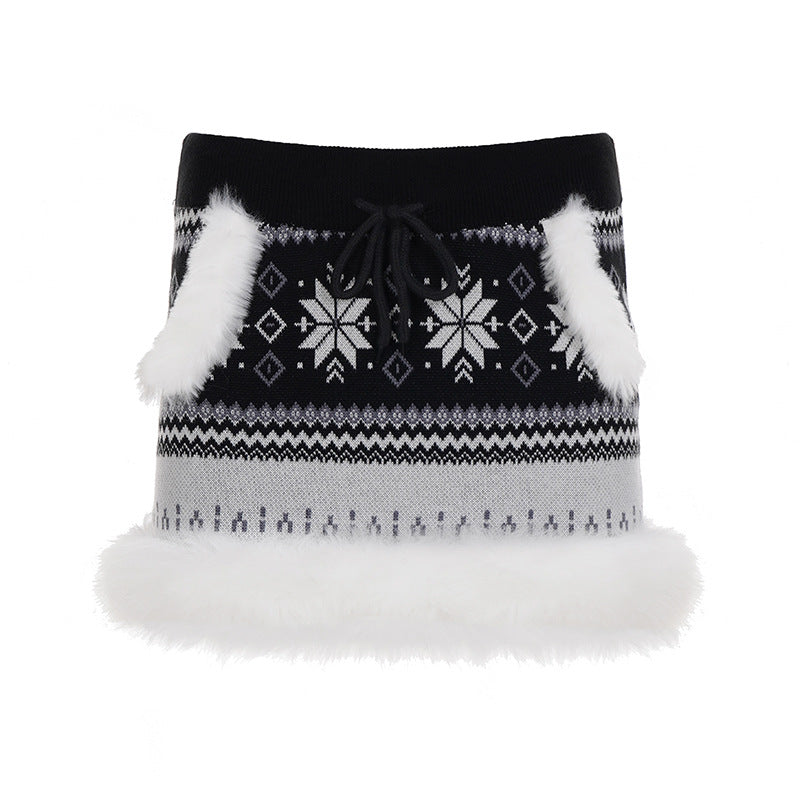 Drawstring fluffy print contrast mini skirt  | Festival Outfits Women