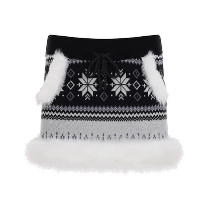 Drawstring fluffy print contrast mini skirt  | Festival Outfits Women