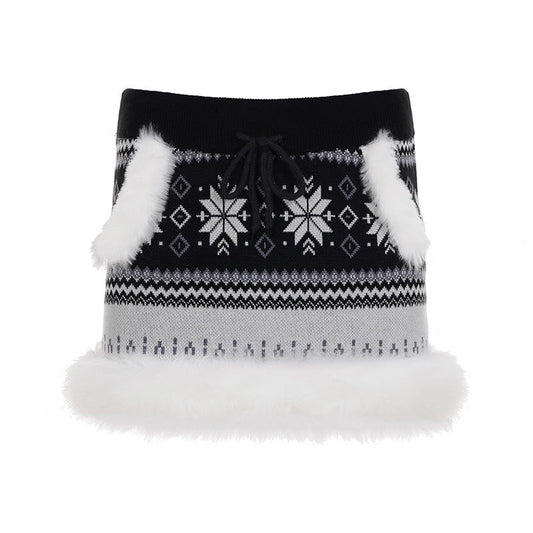Drawstring fluffy print contrast mini skirt  | Festival Outfits Women