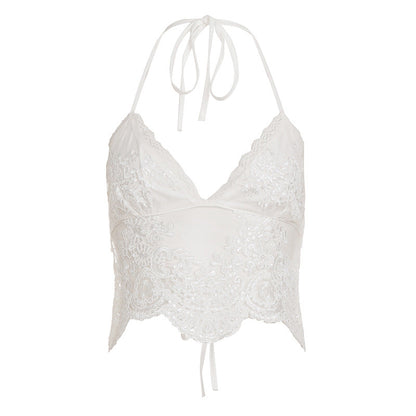 Halter self tie v neck lace backless top  | Festival Outfits Women