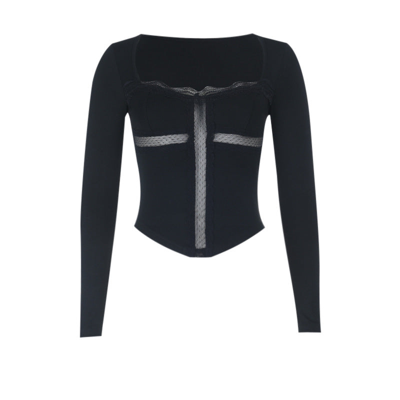 Long sleeve lace hem cross solid top  | Festival Outfits Women