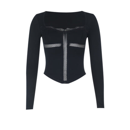 Long sleeve lace hem cross solid top  | Festival Outfits Women