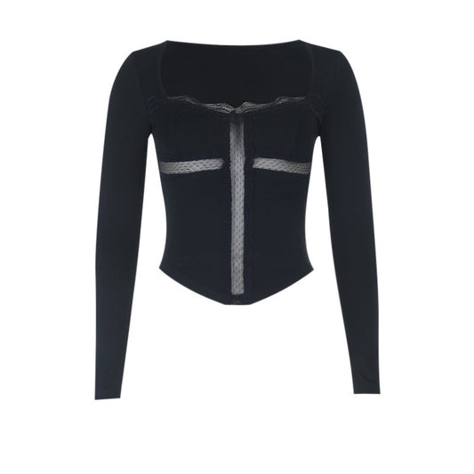Long sleeve lace hem cross solid top  | Festival Outfits Women