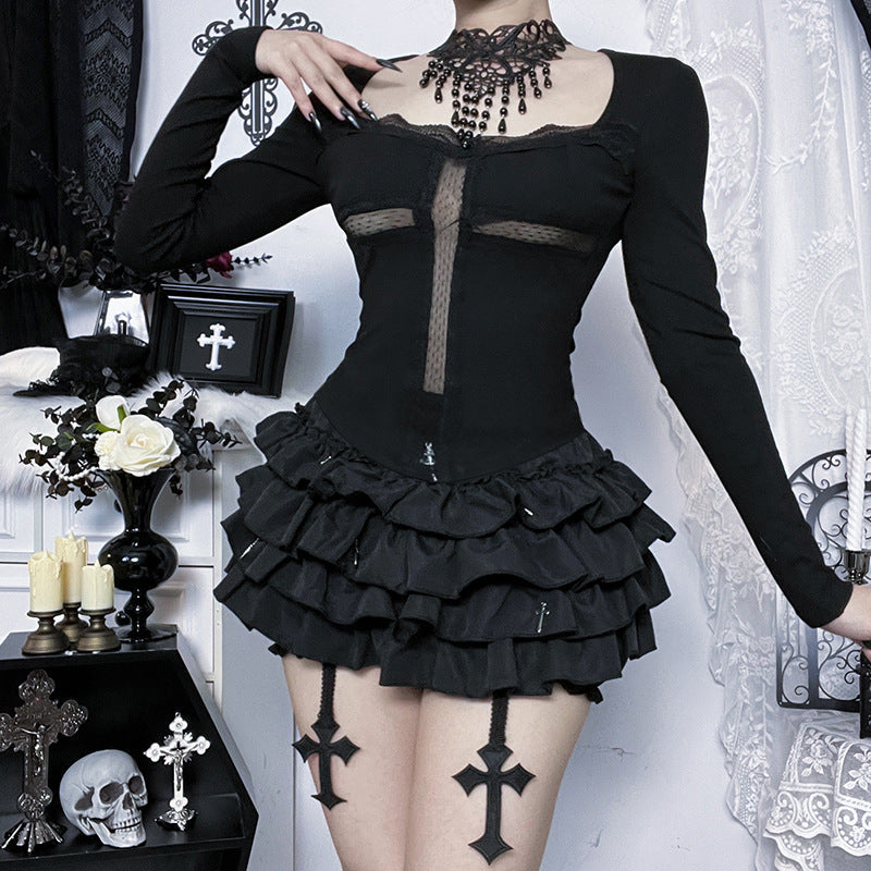 Long sleeve lace hem cross solid top  | Festival Outfits Women