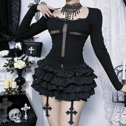 Long sleeve lace hem cross solid top  | Festival Outfits Women