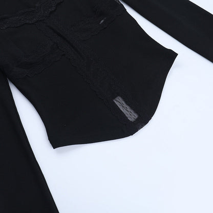 Long sleeve lace hem cross solid top  | Festival Outfits Women