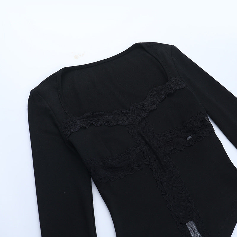 Long sleeve lace hem cross solid top  | Festival Outfits Women