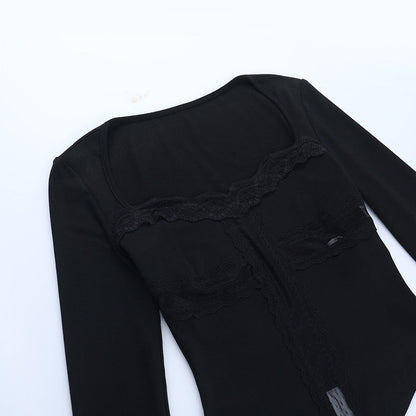 Long sleeve lace hem cross solid top  | Festival Outfits Women