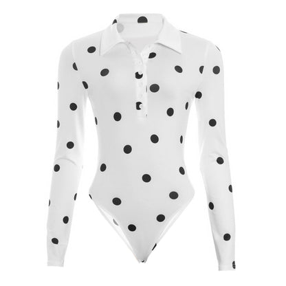 Polka dot long sleeve turnover collar button bodysuit  | Festival Outfits Women