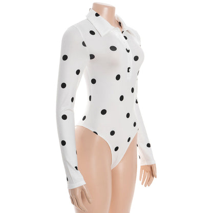 Polka dot long sleeve turnover collar button bodysuit  | Festival Outfits Women