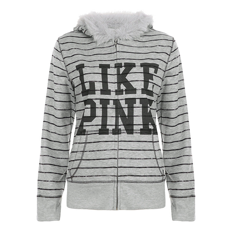 Hoodie fluffy long sleeve zip-up "LIKE PINK" pattern top  | Festival Outfits Women