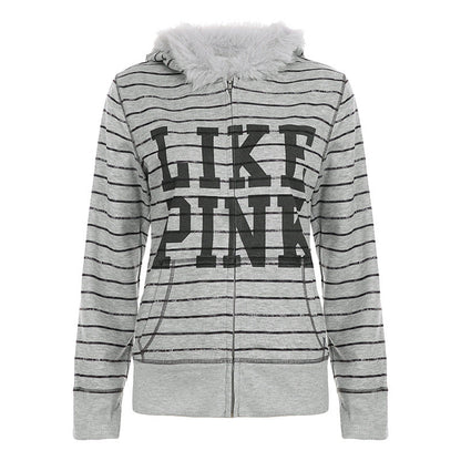 Hoodie fluffy long sleeve zip-up "LIKE PINK" pattern top  | Festival Outfits Women