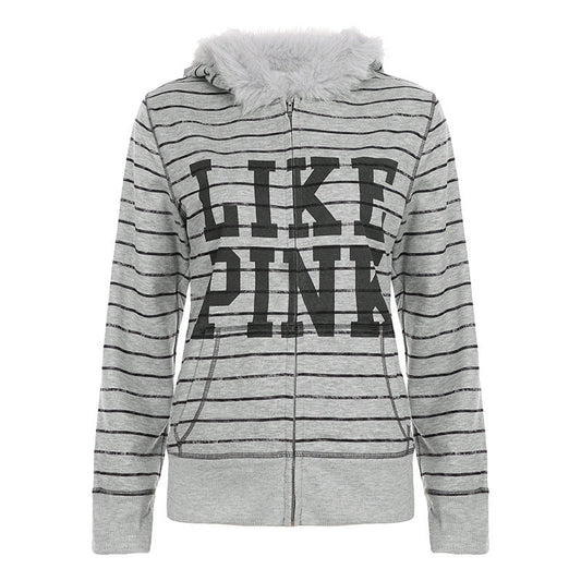 Hoodie fluffy long sleeve zip-up "LIKE PINK" pattern top  | Festival Outfits Women