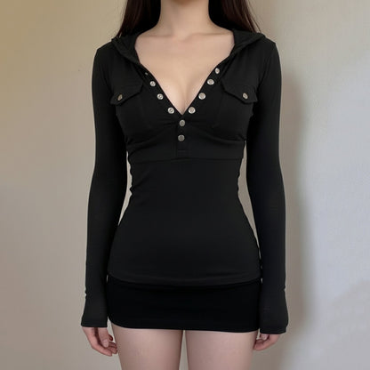 V neck button long sleeve hoodie solid top  | Festival Outfits Women