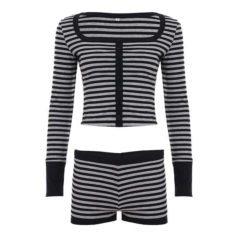 Long sleeve striped square neck low rise pant set  | Festival Outfits Women
