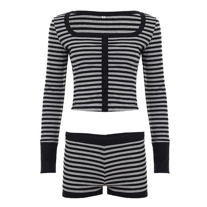 Long sleeve striped square neck low rise pant set  | Festival Outfits Women
