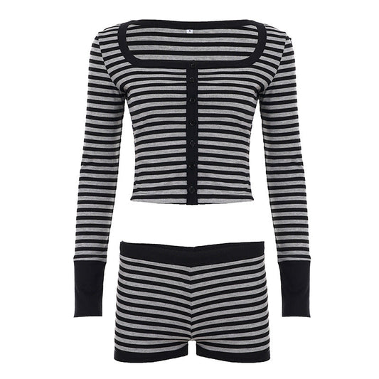 Long sleeve striped square neck low rise pant set  | Festival Outfits Women