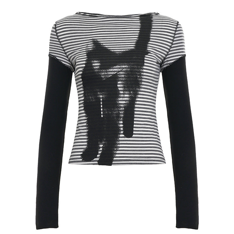 Striped long sleeve kitty pattern stitch top  | Festival Outfits Women