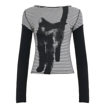 Striped long sleeve kitty pattern stitch top  | Festival Outfits Women