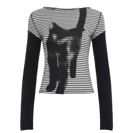 Striped long sleeve kitty pattern stitch top  | Festival Outfits Women