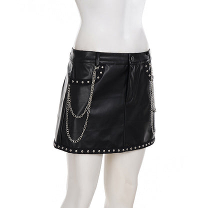 Metal chain zip-up PU leather pocket mini skirt Cargo Mini Skirt  | Festival Outfits Women