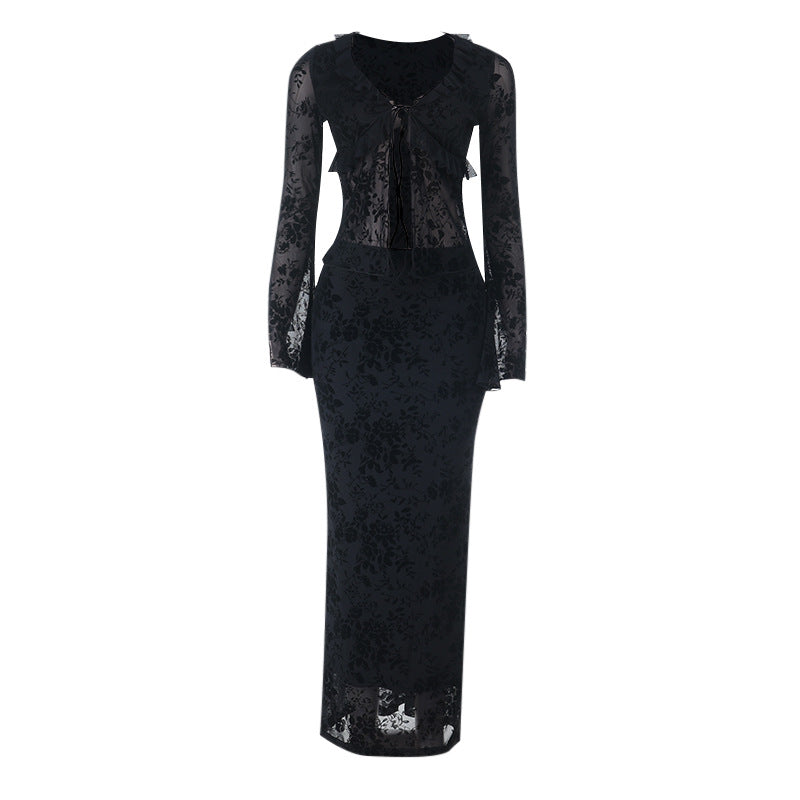 Long sleeve v neck lace self tie ruffle maxi skirt set  | Festival Outfits Women