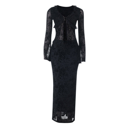 Long sleeve v neck lace self tie ruffle maxi skirt set  | Festival Outfits Women