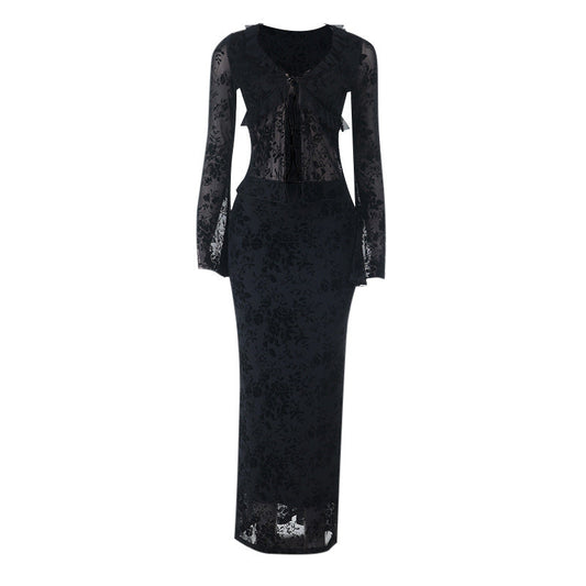 Long sleeve v neck lace self tie ruffle maxi skirt set  | Festival Outfits Women