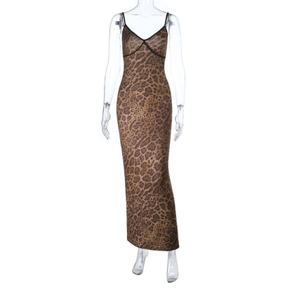 Leopard print v neck backless cami maxi dress  | Festival Outfits Women