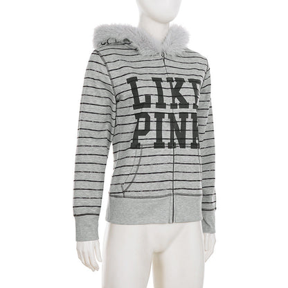 Hoodie fluffy long sleeve zip-up "LIKE PINK" pattern top  | Festival Outfits Women