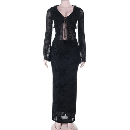 Long sleeve v neck lace self tie ruffle maxi skirt set  | Festival Outfits Women