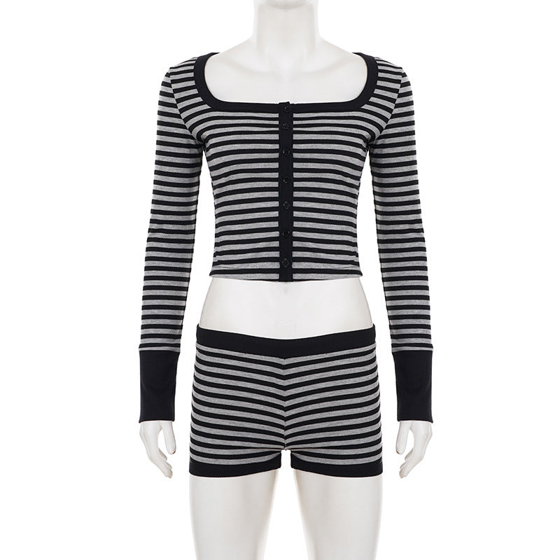 Long sleeve striped square neck low rise pant set  | Festival Outfits Women