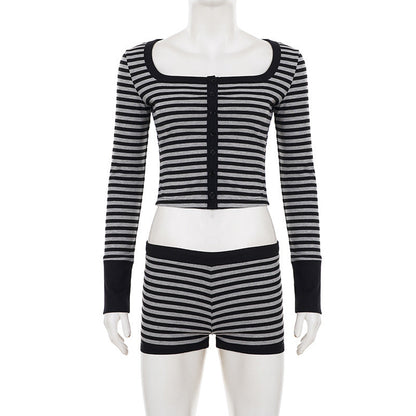 Long sleeve striped square neck low rise pant set  | Festival Outfits Women