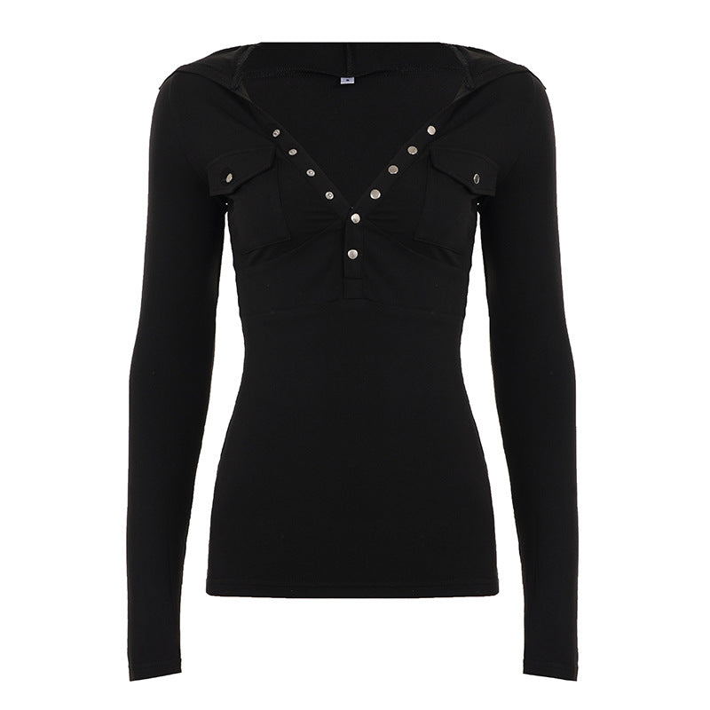 V neck button long sleeve hoodie solid top  | Festival Outfits Women