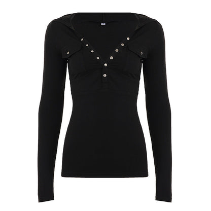 V neck button long sleeve hoodie solid top  | Festival Outfits Women